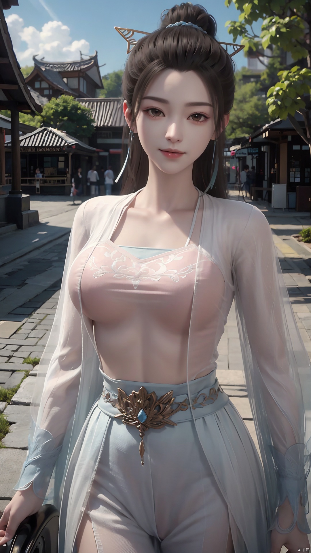 1girl, solo, hanfu, chinese clothes, earrings, jewelry, realistic, hair ornament, black hair, brown eyes, long sleeves, single hair bun, facial mark, mischevious smile, perfect body, scenery, sharp focus, best quality, masterpiece, detailed outfit, illustration, perfect eyes, finely detailed beautiful anime eyes, realistic skin, intricate details, best lighting, depth of field, ultra high resolution,cowboy_shot, dynamic pose, dynamic angle,