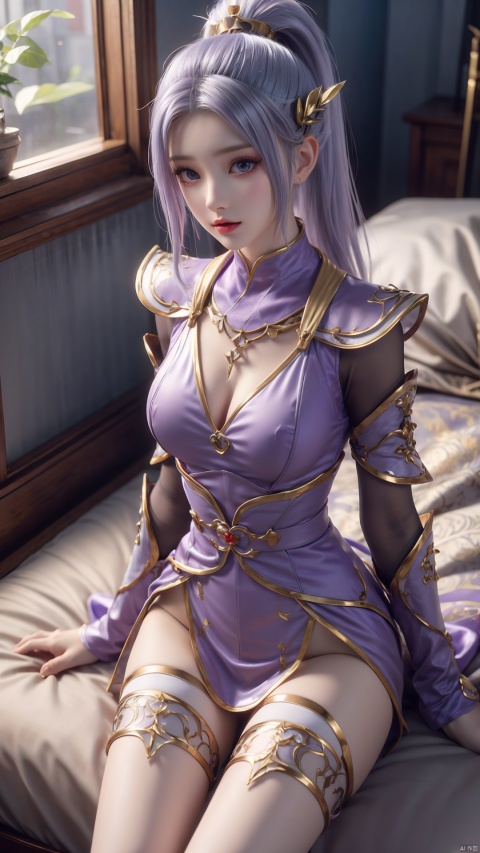  1girl, light purple hair, long hair, pony_tail ,thighhighs, lying, perfect body, scenery, sharp focus, best quality, masterpiece, detailed outfit, illustration, perfect eyes, finely detailed beautiful anime eyes, realistic skin, intricate details, best lighting, depth of field, ultra high resolution, bed, from above