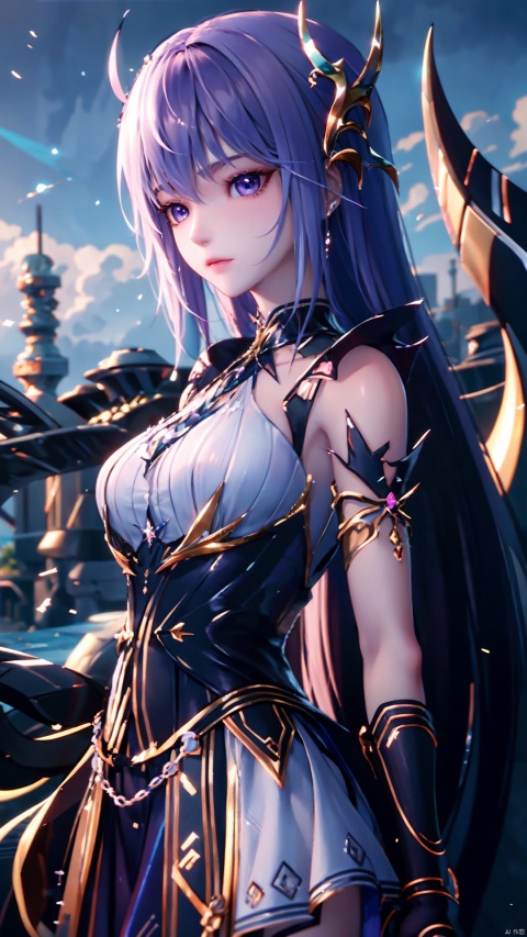 1girl, long hair, solo, purple eyes, white hair, white dress, standing, looking at viewer, perfect body, scenery, sharp focus, best quality, masterpiece, detailed outfit, illustration, perfect eyes, finely detailed beautiful anime eyes, realistic skin, intricate details, best lighting, depth of field, ultra high resolution,cowboy_shot, dynamic pose, dynamic angle,