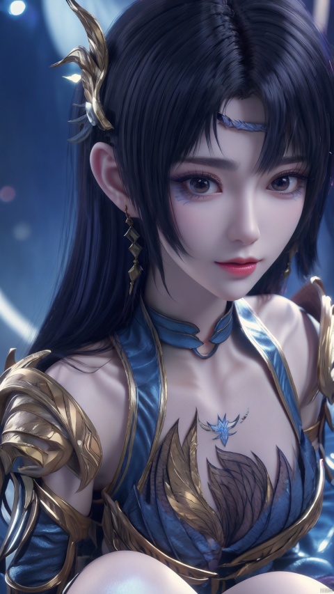  1girl, hair ornament, jewelry, long hair, braid, purple eyes, make_up, tattoo, earrings, blue dress, mischevious smile, perfect body, scenery, sharp focus, best quality, masterpiece, detailed outfit, illustration, perfect eyes, finely detailed beautiful anime eyes, realistic skin, intricate details, best lighting, depth of field, ultra high resolution, sitting on bed, from above, dynamic pose, dynamic angle,