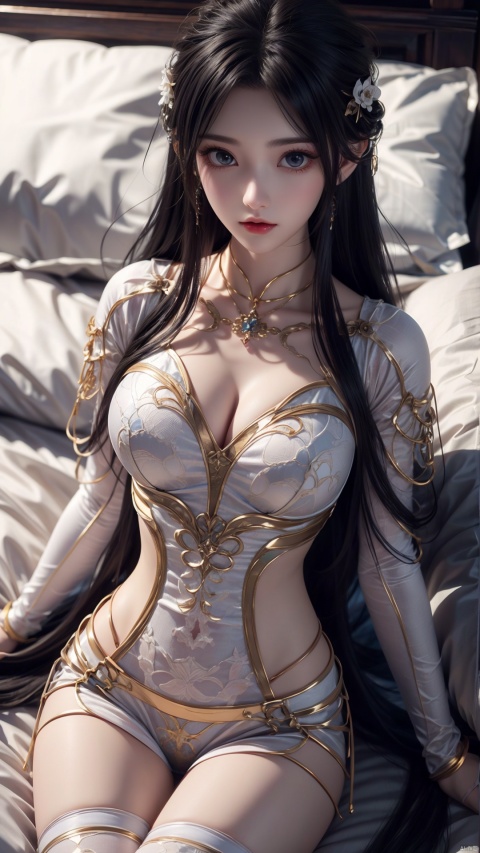  1girl, long hair, thighhighs, lying, perfect body, scenery, sharp focus, best quality, masterpiece, detailed outfit, illustration, perfect eyes, finely detailed beautiful anime eyes, realistic skin, intricate details, best lighting, depth of field, ultra high resolution, bed, from above 