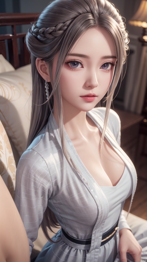  1girl, long hair, white hair, dress, looking at viewer, lying, perfect body, scenery, sharp focus, best quality, masterpiece, detailed outfit, illustration, perfect eyes, finely detailed beautiful anime eyes, realistic skin, intricate details, best lighting, depth of field, ultra high resolution, bed, from above