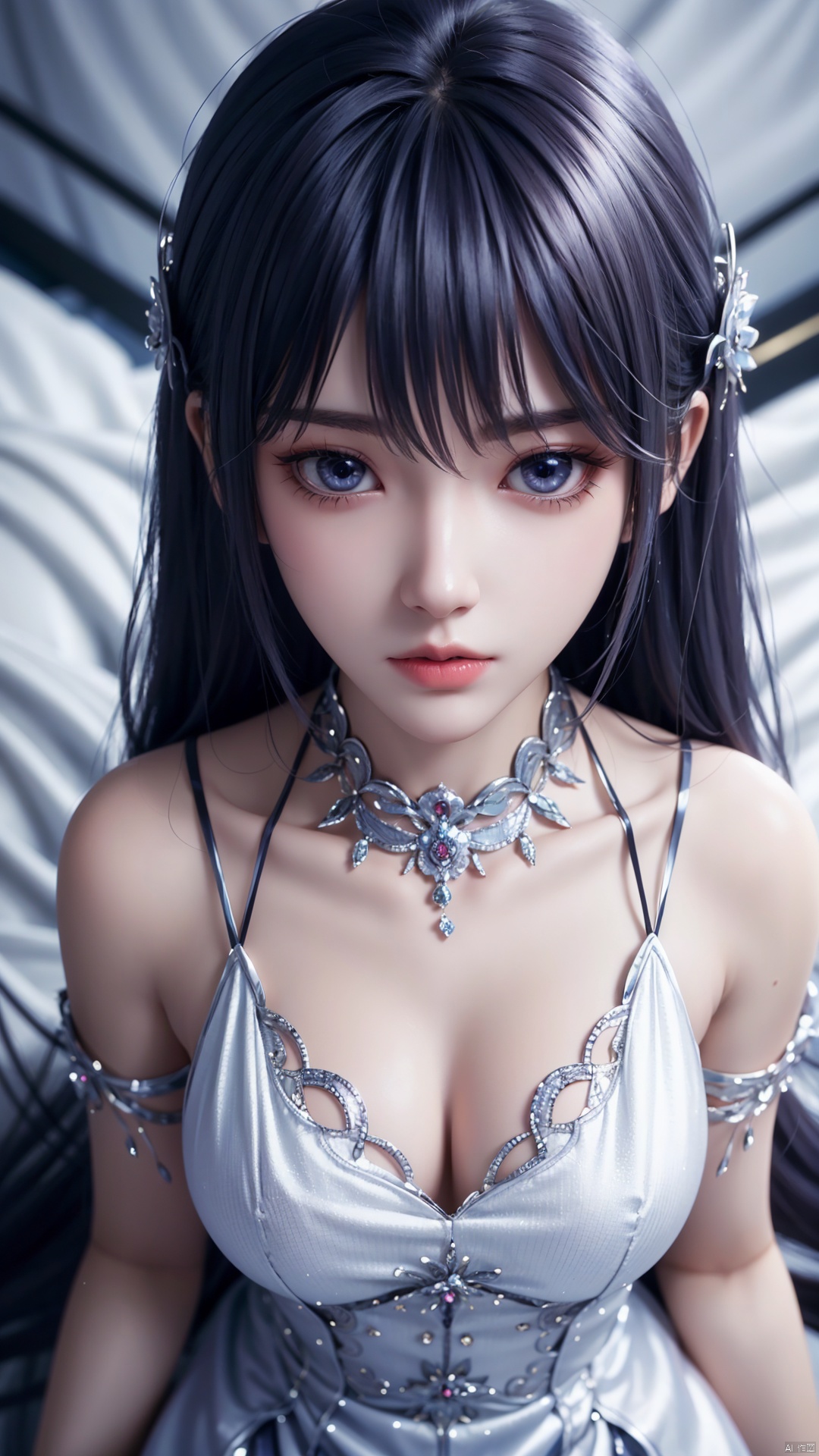  1girl, long hair, white hair, dress, looking at viewer, lying, perfect body, scenery, sharp focus, best quality, masterpiece, detailed outfit, illustration, perfect eyes, finely detailed beautiful anime eyes, realistic skin, intricate details, best lighting, depth of field, ultra high resolution, bed, from above