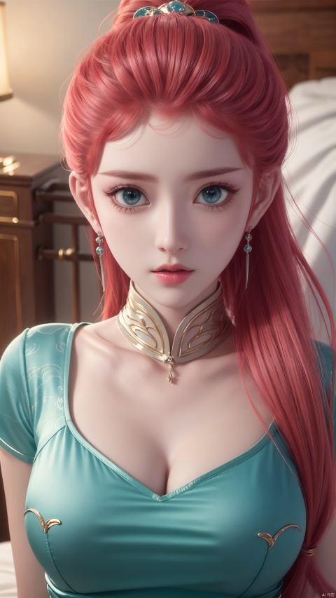  1girl, long hair, dress, looking at viewer, lying, perfect body, scenery, sharp focus, best quality, masterpiece, detailed outfit, illustration, perfect eyes, finely detailed beautiful anime eyes, realistic skin, intricate details, best lighting, depth of field, ultra high resolution, bed, from above