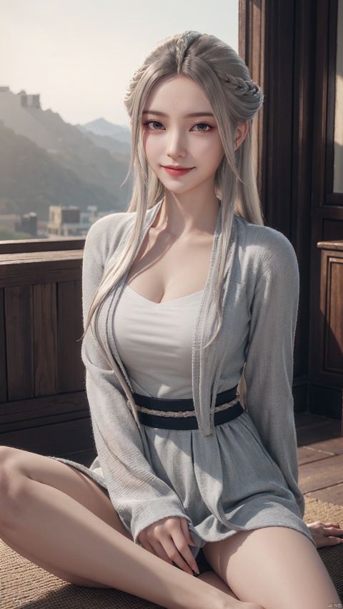 1girl, solo, long hair, white hair, chinese clothes, hanfu, facial mark, forehead mark, grey eyes, long sleeves, braid, realistic, mischevious smile, perfect body, scenery, sharp focus, best quality, masterpiece, detailed outfit, illustration, perfect eyes, finely detailed beautiful anime eyes, realistic skin, intricate details, best lighting, depth of field, ultra high resolution, sitting, dynamic pose, dynamic angle,