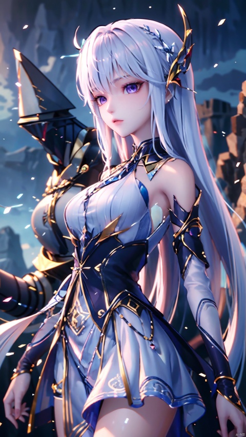 1girl, long hair, solo, purple eyes, white hair, white dress, standing, looking at viewer, perfect body, scenery, sharp focus, best quality, masterpiece, detailed outfit, illustration, perfect eyes, finely detailed beautiful anime eyes, realistic skin, intricate details, best lighting, depth of field, ultra high resolution,cowboy_shot, dynamic pose, dynamic angle,