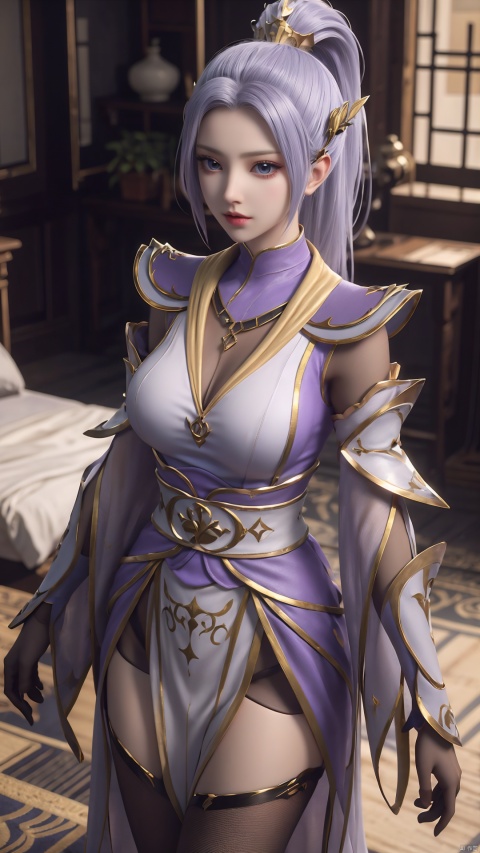  1girl, light purple hair, black thighhighs, ponytail, gloves, blue eyes, long hair, breasts, armor, hair ornament, black gloves, looking at viewer, lying, perfect body, scenery, sharp focus, best quality, masterpiece, detailed outfit, illustration, perfect eyes, finely detailed beautiful anime eyes, realistic skin, intricate details, best lighting, depth of field, ultra high resolution, bed, from above