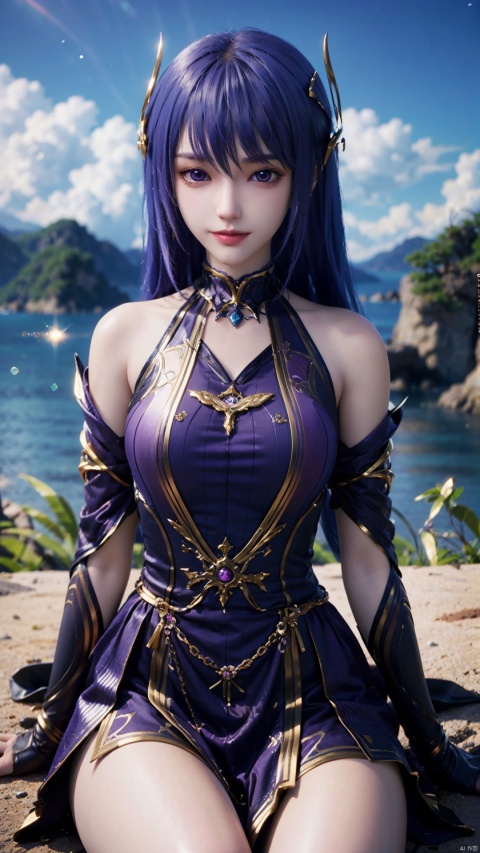 1girl, solo, long hair, blue hair, dress, purple eyes, realistic, mischevious smile, perfect body, scenery, sharp focus, best quality, masterpiece, detailed outfit, illustration, perfect eyes, finely detailed beautiful anime eyes, realistic skin, intricate details, best lighting, depth of field, ultra high resolution, sitting, dynamic pose, dynamic angle,