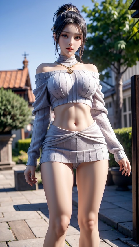  (best qualtiy,8K,tmasterpiece:1.3),(sharp fokus:1.2),(one-girl:1.2),(perfect body figure:1.4),(Slim abs:1.1),(Off-the-shoulder knitwear:1.4),exteriors,rays of sunshine,Fine face,beautidful eyes,Straight legs。