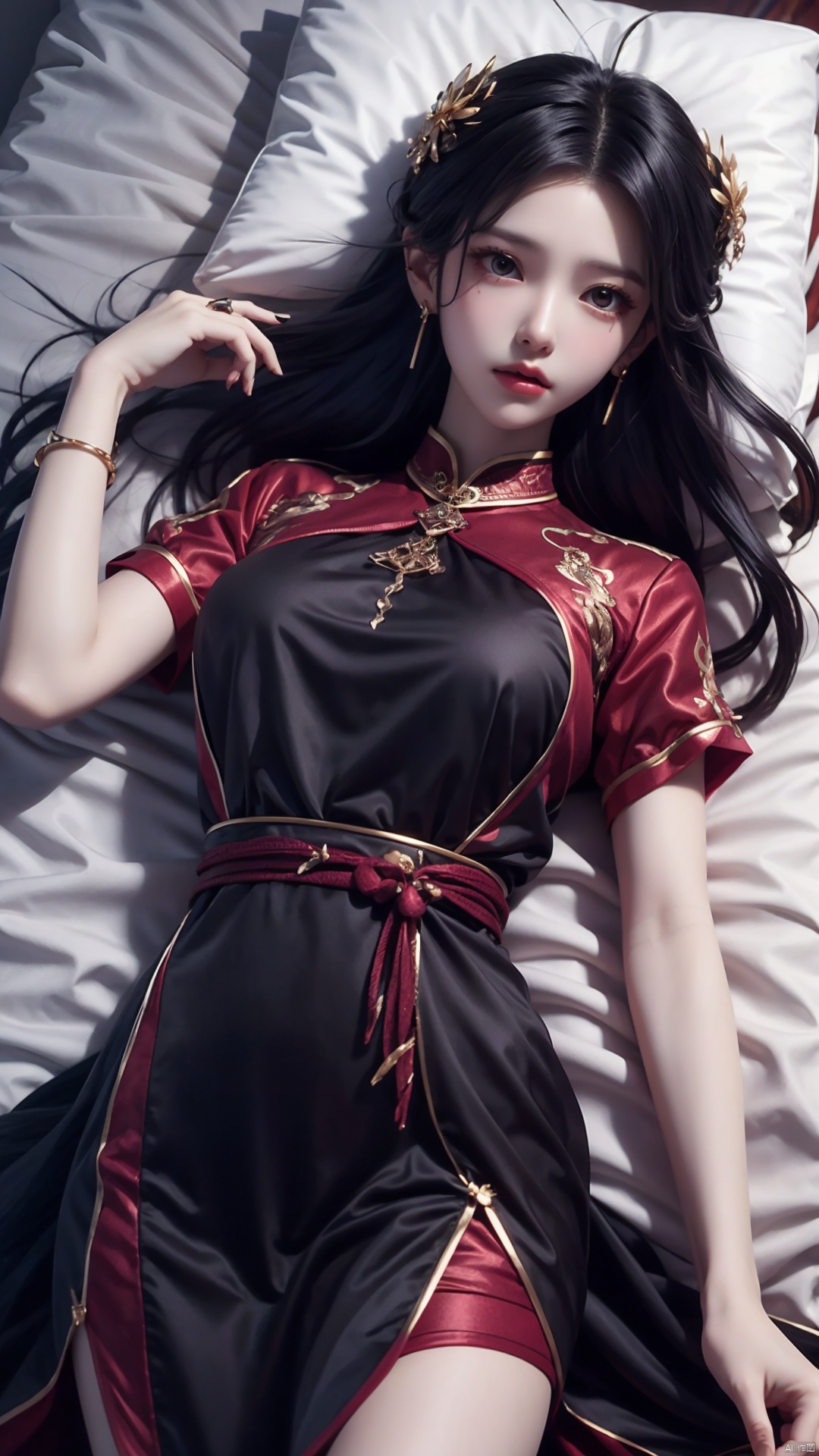  1girl, solo, long hair, breasts, looking at viewer, black hair, hair ornament, dress, jewelry, closed mouth, short sleeves, earrings, lying, bed, hand up, on back,