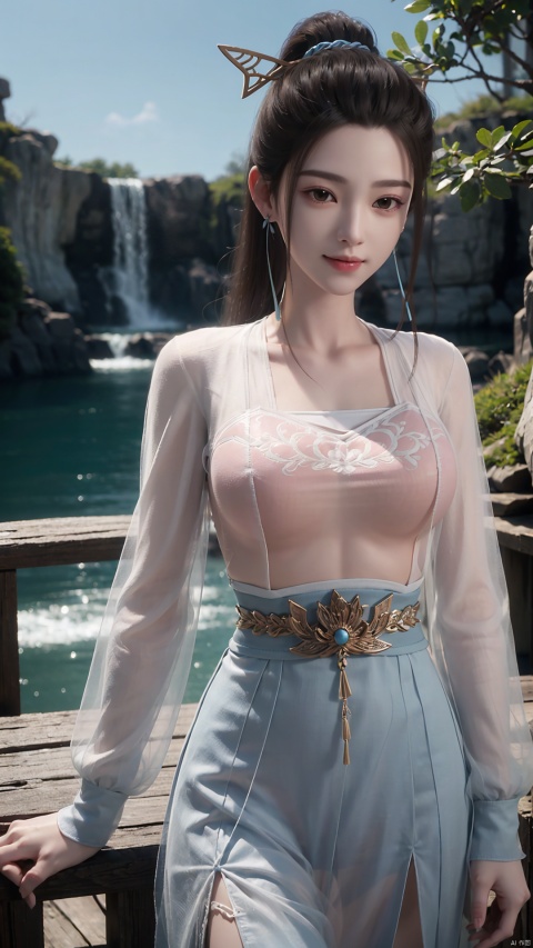 1girl, solo, hanfu, chinese clothes, earrings, jewelry, realistic, hair ornament, black hair, brown eyes, long sleeves, single hair bun, facial mark, mischevious smile, perfect body, scenery, sharp focus, best quality, masterpiece, detailed outfit, illustration, perfect eyes, finely detailed beautiful anime eyes, realistic skin, intricate details, best lighting, depth of field, ultra high resolution,cowboy_shot, dynamic pose, dynamic angle,
