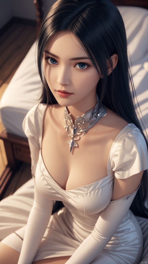  1girl, long hair, dress, looking at viewer, lying, perfect body, scenery, sharp focus, best quality, masterpiece, detailed outfit, illustration, perfect eyes, finely detailed beautiful anime eyes, realistic skin, intricate details, best lighting, depth of field, ultra high resolution, bed, from above