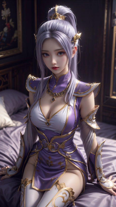  1girl, light purple hair, black thighhighs, ponytail, gloves, blue eyes, long hair, breasts, armor, hair ornament, black gloves, looking at viewer, lying, perfect body, scenery, sharp focus, best quality, masterpiece, detailed outfit, illustration, perfect eyes, finely detailed beautiful anime eyes, realistic skin, intricate details, best lighting, depth of field, ultra high resolution, bed, from above
