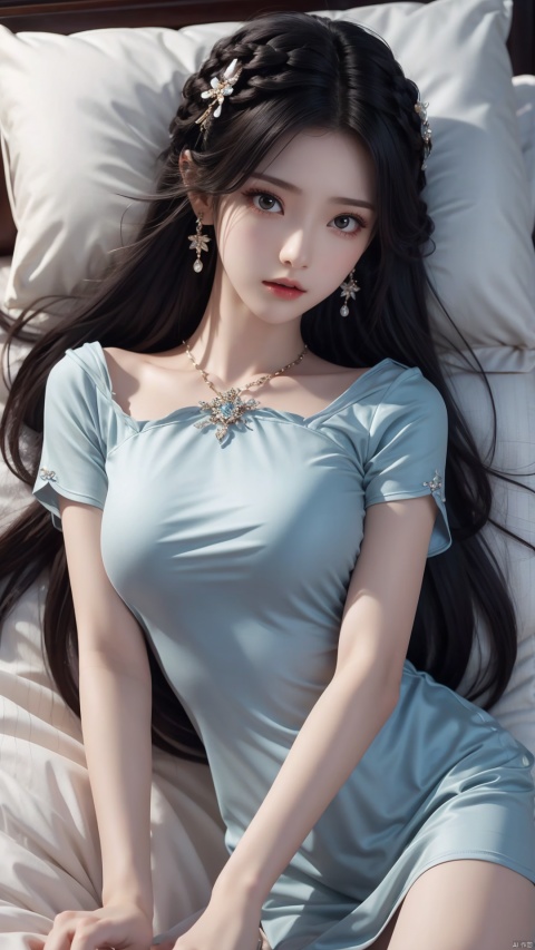  1girl, solo, long hair, breasts, looking at viewer, black hair, hair ornament, dress, jewelry, closed mouth, short sleeves, earrings, lying, bed, on back,