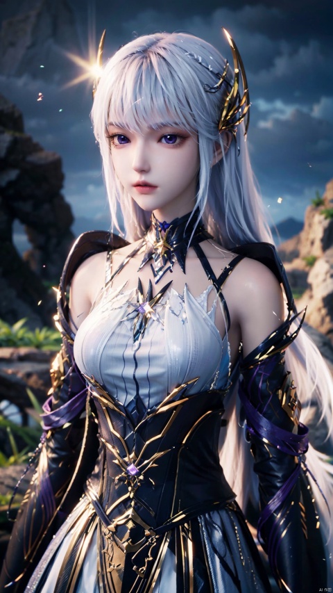 1girl, long hair, solo, purple eyes, white hair, white dress, standing, looking at viewer, perfect body, scenery, sharp focus, best quality, masterpiece, detailed outfit, illustration, perfect eyes, finely detailed beautiful anime eyes, realistic skin, intricate details, best lighting, depth of field, ultra high resolution,cowboy_shot, dynamic pose, dynamic angle,