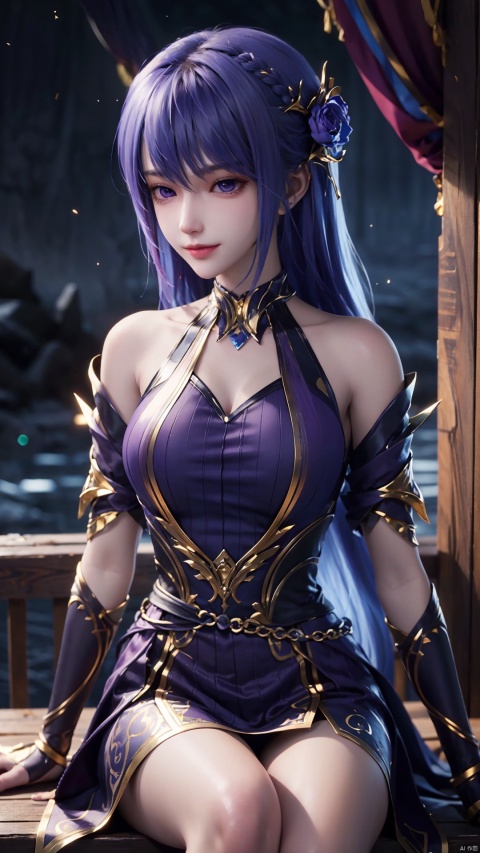 1girl, solo, long hair, blue hair, dress, purple eyes, realistic, mischevious smile, perfect body, scenery, sharp focus, best quality, masterpiece, detailed outfit, illustration, perfect eyes, finely detailed beautiful anime eyes, realistic skin, intricate details, best lighting, depth of field, ultra high resolution, sitting, dynamic pose, dynamic angle,