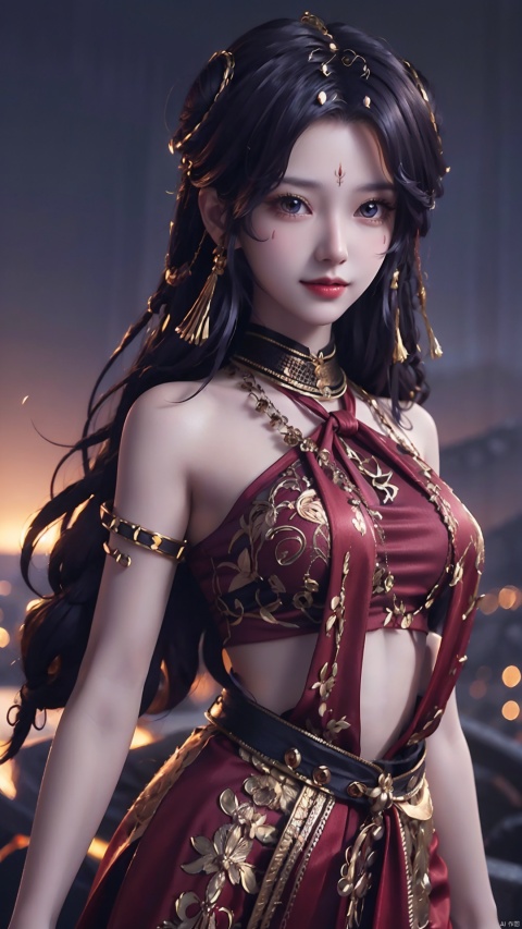  1girl, mischevious smile, cowboy_shot, vibrant colors, perfect body, vivid colors, scenery, sharp focus, best quality, masterpiece, detailed outfit, illustration, perfect eyes, finely detailed beautiful anime eyes, realistic skin, intricate details, best lighting, depth of field, ultra high resolution,