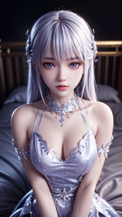  1girl, long hair, white hair, dress, looking at viewer, lying, perfect body, scenery, sharp focus, best quality, masterpiece, detailed outfit, illustration, perfect eyes, finely detailed beautiful anime eyes, realistic skin, intricate details, best lighting, depth of field, ultra high resolution, bed, from above