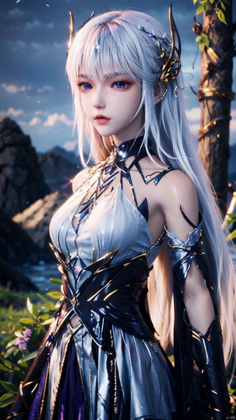 1girl, long hair, solo, purple eyes, white hair, white dress, standing, looking at viewer, perfect body, scenery, sharp focus, best quality, masterpiece, detailed outfit, illustration, perfect eyes, finely detailed beautiful anime eyes, realistic skin, intricate details, best lighting, depth of field, ultra high resolution,cowboy_shot, dynamic pose, dynamic angle,
