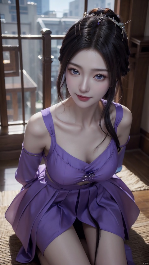  1girl, purple eyes, wedding_dress, mischevious smile, perfect body, scenery, sharp focus, best quality, masterpiece, detailed outfit, illustration, perfect eyes, finely detailed beautiful anime eyes, realistic skin, intricate details, best lighting, depth of field, ultra high resolution, kneeling on floot, from_above