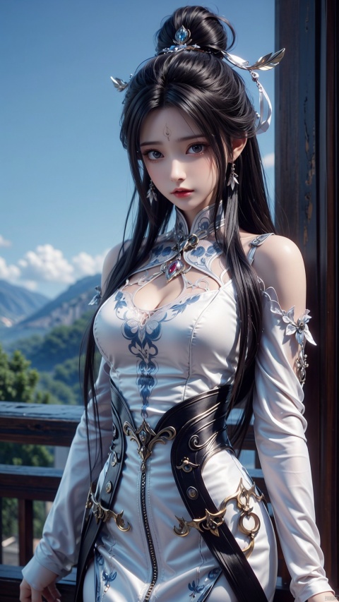  1girl, black hair, long hair, dress, solo, white dress, hair ornament, chinese clothes, facial mark, hair bun, forehead mark, earrings, perfect body, scenery, sharp focus, best quality, masterpiece, detailed outfit, illustration, perfect eyes, finely detailed beautiful anime eyes, realistic skin, intricate details, best lighting, depth of field, ultra high resolution,cowboy_shot, dynamic pose, dynamic angle,