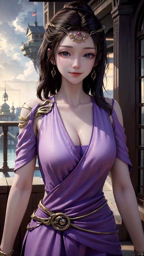  1girl, mischevious smile, perfect body, scenery, sharp focus, best quality, masterpiece, detailed outfit, illustration, perfect eyes, finely detailed beautiful anime eyes, realistic skin, intricate details, best lighting, depth of field, ultra high resolution,cowboy_shot, dynamic pose, dynamic angle,