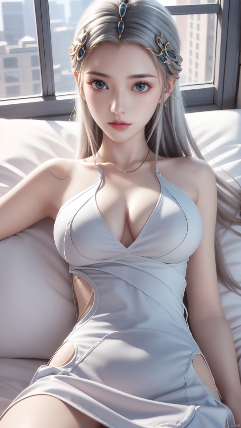  1girl, long hair, white hair, dress, looking at viewer, lying, perfect body, scenery, sharp focus, best quality, masterpiece, detailed outfit, illustration, perfect eyes, finely detailed beautiful anime eyes, realistic skin, intricate details, best lighting, depth of field, ultra high resolution, bed, from above