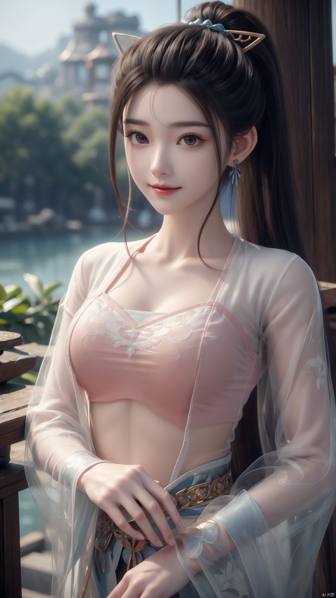  1girl, solo, hanfu, chinese clothes, earrings, jewelry, realistic, hair ornament, black hair, brown eyes, long sleeves, single hair bun, facial mark, mischevious smile, perfect body, scenery, sharp focus, best quality, masterpiece, detailed outfit, illustration, perfect eyes, finely detailed beautiful anime eyes, intricate details, best lighting, depth of field, ultra high resolution,cowboy_shot, dynamic pose, dynamic angle,