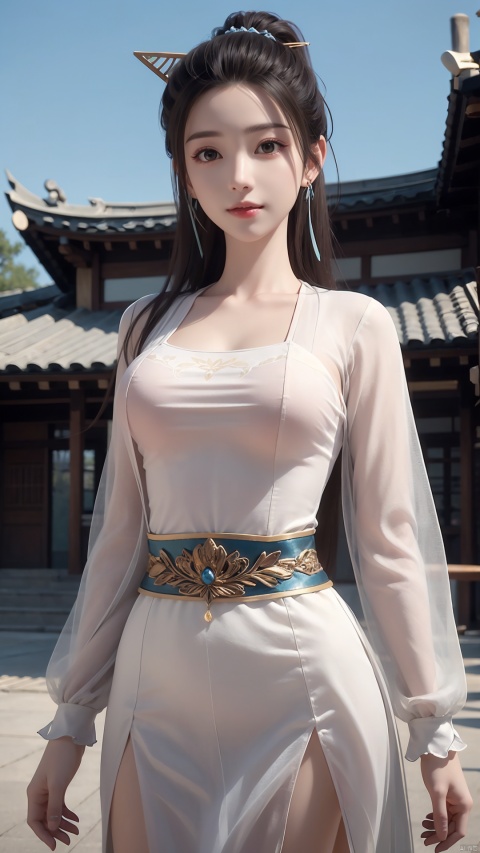  1girl, solo, hanfu, chinese clothes, earrings, jewelry, realistic, hair ornament, black hair, brown eyes, long sleeves, single hair bun, facial mark, mischevious smile, perfect body, scenery, sharp focus, best quality, masterpiece, detailed outfit, illustration, perfect eyes, finely detailed beautiful anime eyes, realistic skin, intricate details, best lighting, depth of field, ultra high resolution,cowboy_shot, dynamic pose, dynamic angle,