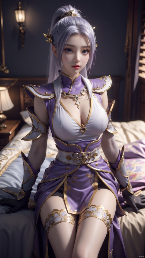  1girl, light purple hair, black thighhighs, ponytail, gloves, blue eyes, long hair, breasts, armor, hair ornament, black gloves, looking at viewer, lying, perfect body, scenery, sharp focus, best quality, masterpiece, detailed outfit, illustration, perfect eyes, finely detailed beautiful anime eyes, realistic skin, intricate details, best lighting, depth of field, ultra high resolution, bed, from above