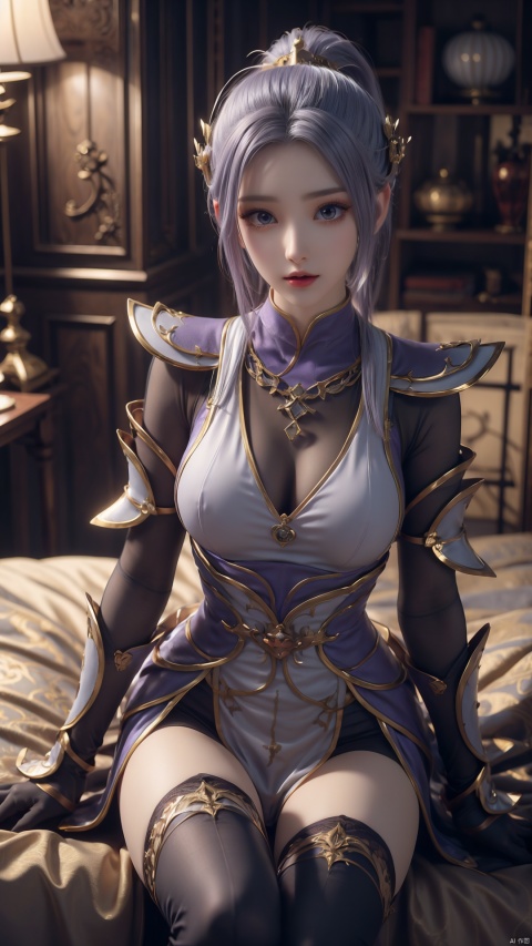  1girl, light purple hair, black thighhighs, ponytail, gloves, blue eyes, long hair, breasts, armor, hair ornament, black gloves, looking at viewer, lying, perfect body, scenery, sharp focus, best quality, masterpiece, detailed outfit, illustration, perfect eyes, finely detailed beautiful anime eyes, realistic skin, intricate details, best lighting, depth of field, ultra high resolution, bed, from above