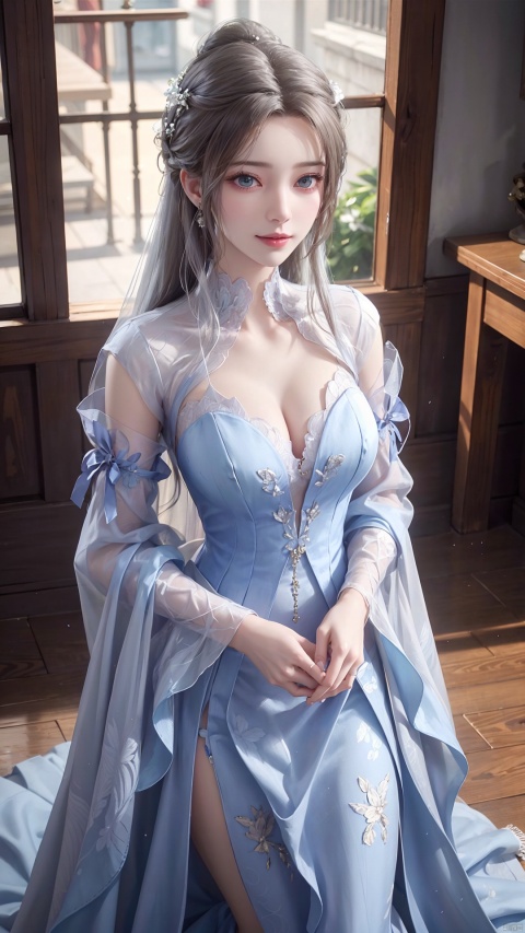  1girl, white_hair, wedding_dress, mischevious smile, perfect body, scenery, sharp focus, best quality, masterpiece, detailed outfit, illustration, perfect eyes, finely detailed beautiful anime eyes, realistic skin, intricate details, best lighting, depth of field, ultra high resolution, kneeling on floot, from_above