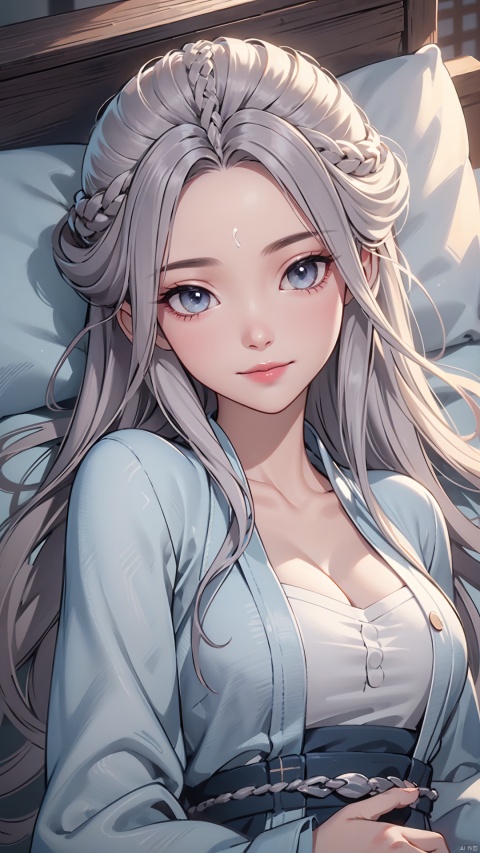 1girl, solo, long hair, white hair, chinese clothes, hanfu, facial mark, forehead mark, grey eyes, long sleeves, braid, realistic, mischevious smile, looking at viewer, lying, perfect body, scenery, sharp focus, best quality, masterpiece, detailed outfit, illustration, perfect eyes, finely detailed beautiful anime eyes, realistic skin, intricate details, best lighting, depth of field, ultra high resolution, bed, from above