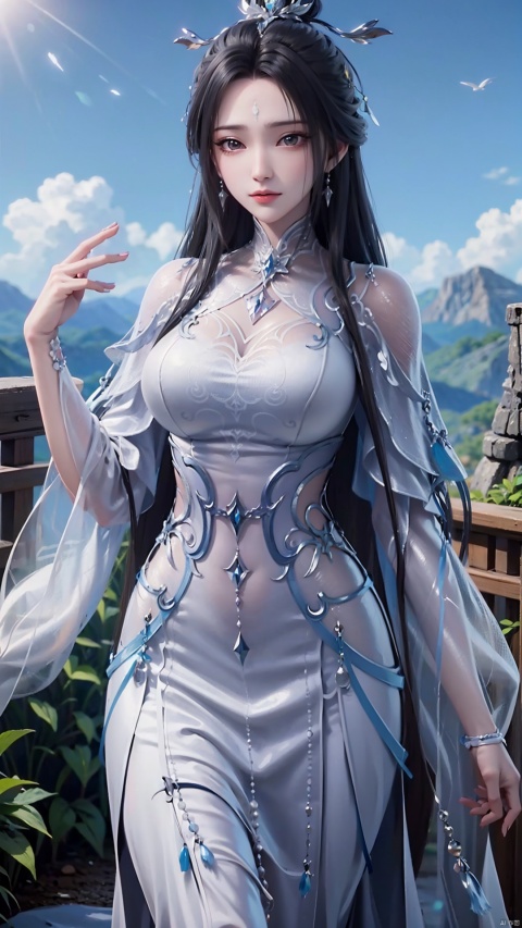 1girl, black hair, long hair, dress, solo, white dress, hair ornament, chinese clothes, facial mark, hair bun, forehead mark, earrings, mischevious smile, perfect body, scenery, sharp focus, best quality, masterpiece, detailed outfit, illustration, perfect eyes, finely detailed beautiful anime eyes, realistic skin, intricate details, best lighting, depth of field, ultra high resolution,cowboy_shot, dynamic pose, dynamic angle,