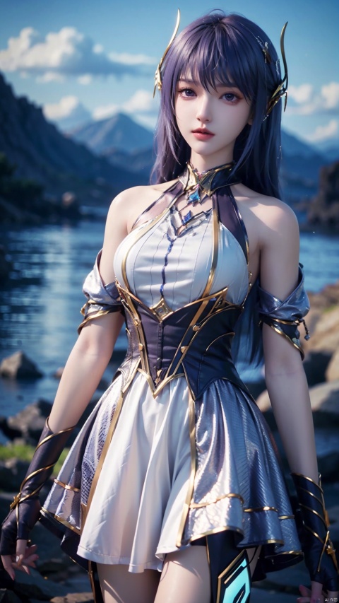 1girl, long hair, solo, purple eyes, white hair, white dress, standing, looking at viewer, perfect body, scenery, sharp focus, best quality, masterpiece, detailed outfit, illustration, perfect eyes, finely detailed beautiful anime eyes, realistic skin, intricate details, best lighting, depth of field, ultra high resolution,cowboy_shot, dynamic pose, dynamic angle,