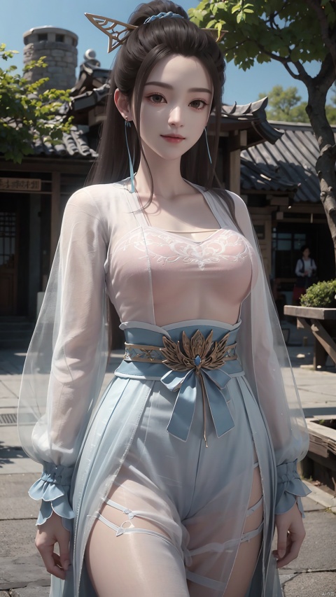1girl, solo, hanfu, chinese clothes, earrings, jewelry, realistic, hair ornament, black hair, brown eyes, long sleeves, single hair bun, facial mark, mischevious smile, perfect body, scenery, sharp focus, best quality, masterpiece, detailed outfit, illustration, perfect eyes, finely detailed beautiful anime eyes, realistic skin, intricate details, best lighting, depth of field, ultra high resolution,cowboy_shot, dynamic pose, dynamic angle,