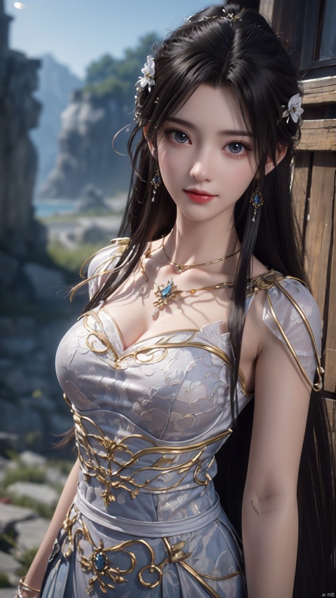  1girl, wedding_dress, mischevious smile, perfect body, scenery, sharp focus, best quality, masterpiece, detailed outfit, illustration, perfect eyes, finely detailed beautiful anime eyes, realistic skin, intricate details, best lighting, depth of field, ultra high resolution,cowboy_shot, dynamic pose, dynamic angle,