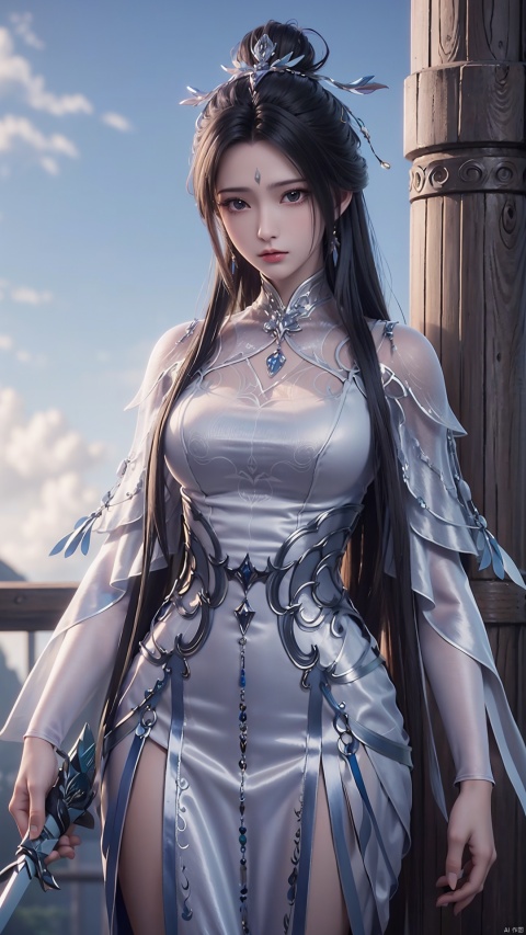  1girl, black hair, solo, weapon, hair ornament, hair bun, long hair, jewelry, looking at viewer, forehead mark, holding, dress, sword, holding weapon, chinese clothes, perfect body, scenery, sharp focus, best quality, masterpiece, detailed outfit, illustration, perfect eyes, finely detailed beautiful anime eyes, realistic skin, intricate details, best lighting, depth of field, ultra high resolution,cowboy_shot, dynamic pose, dynamic angle,