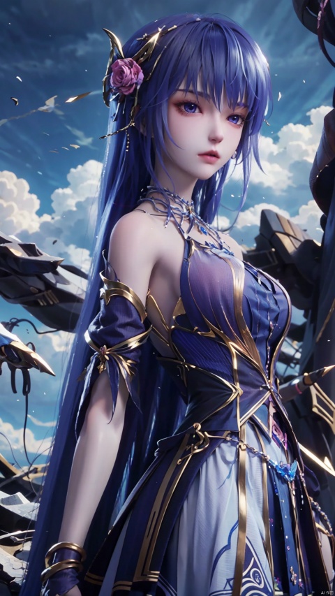 1girl, blue hair, solo, hair ornament, blue eyes, bare shoulders, jewelry, long hair, necklace, strapless skirt, flower, hair flower, perfect body, scenery, sharp focus, best quality, masterpiece, detailed outfit, illustration, perfect eyes, finely detailed beautiful anime eyes, realistic skin, intricate details, best lighting, depth of field, ultra high resolution,cowboy_shot, dynamic pose, dynamic angle,