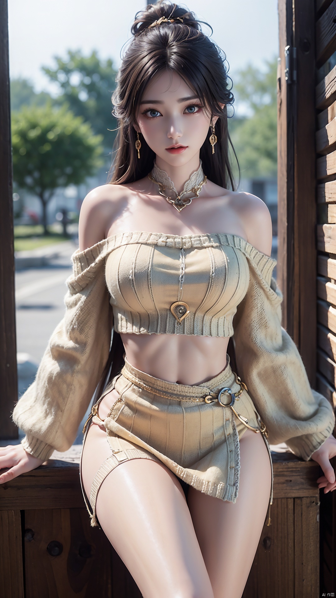 (best qualtiy,8K,tmasterpiece:1.3),(sharp focus:1.2),(one-girl:1.2),(perfect body figure:1.4),(Slim abs:1.1),(Off-the-shoulder knitwear:1.4),exteriors,rays of sunshine,Fine face,beautidful eyes,Straight legs。