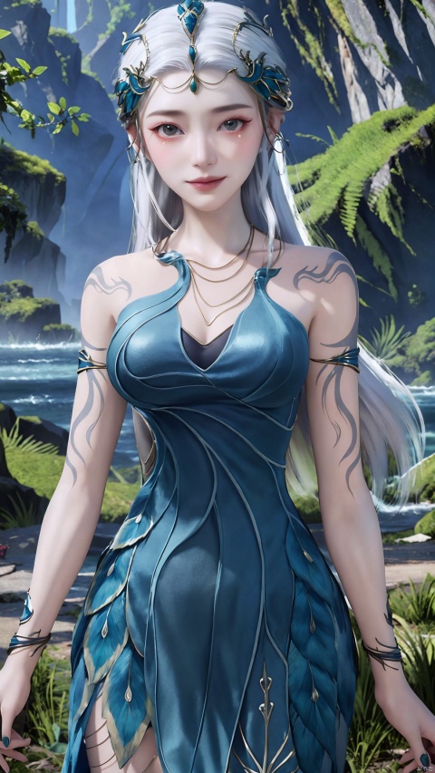 1girl, jewelry, long hair, bracelet, strapless dress, necklace, tattoo, gem, bare shoulders, white hair, aqua dress, mischevious smile, perfect body, scenery, sharp focus, best quality, masterpiece, detailed outfit, illustration, perfect eyes, finely detailed beautiful anime eyes, realistic skin, intricate details, best lighting, depth of field, ultra high resolution,cowboy_shot, dynamic pose, dynamic angle,