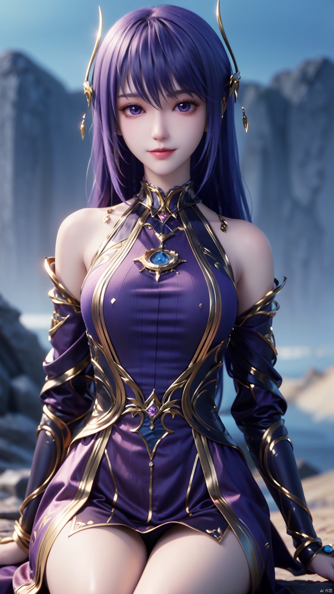 1girl, solo, long hair, blue hair, dress, purple eyes, realistic, mischevious smile, perfect body, scenery, sharp focus, best quality, masterpiece, detailed outfit, illustration, perfect eyes, finely detailed beautiful anime eyes, realistic skin, intricate details, best lighting, depth of field, ultra high resolution, sitting, dynamic pose, dynamic angle,