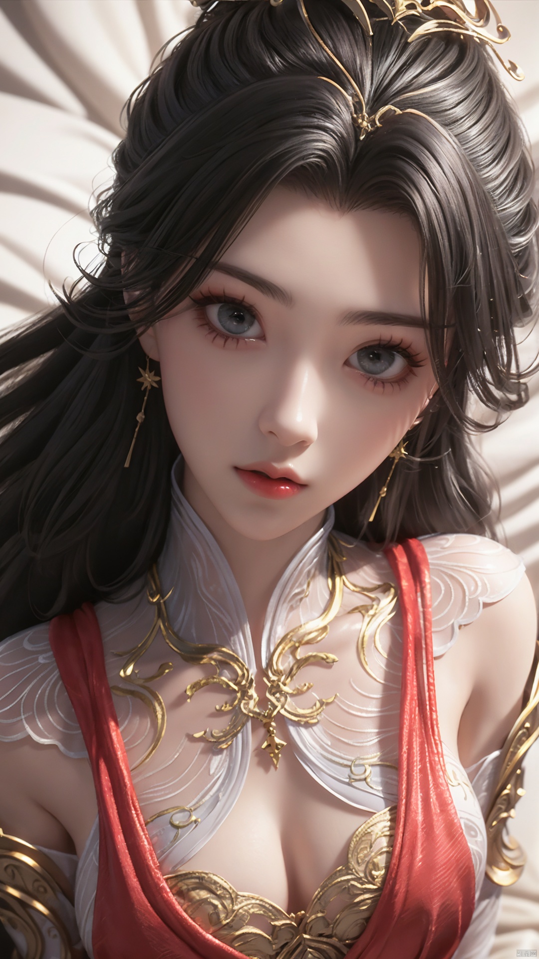  1girl, long hair, dress, looking at viewer, lying, perfect body, scenery, sharp focus, best quality, masterpiece, detailed outfit, illustration, perfect eyes, finely detailed beautiful anime eyes, realistic skin, intricate details, best lighting, depth of field, ultra high resolution, bed, from above