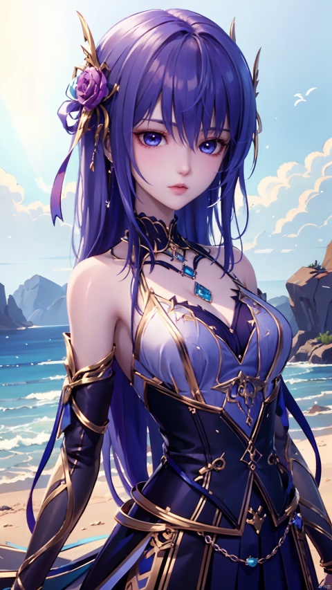 1girl, blue hair, solo, hair ornament, blue eyes, bare shoulders, jewelry, long hair, necklace, strapless skirt, flower, hair flower, perfect body, scenery, sharp focus, best quality, masterpiece, detailed outfit, illustration, perfect eyes, finely detailed beautiful anime eyes, realistic skin, intricate details, best lighting, depth of field, ultra high resolution,cowboy_shot, dynamic pose, dynamic angle,