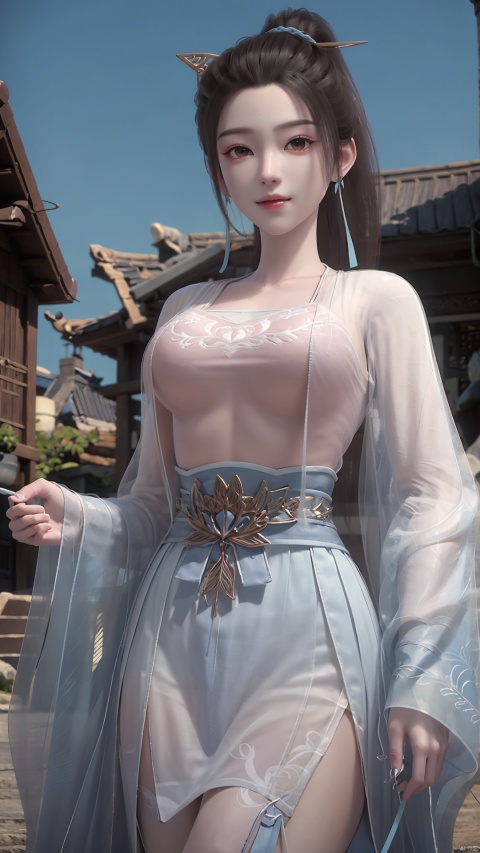 1girl, solo, hanfu, chinese clothes, earrings, jewelry, realistic, hair ornament, black hair, brown eyes, long sleeves, single hair bun, facial mark, mischevious smile, perfect body, scenery, sharp focus, best quality, masterpiece, detailed outfit, illustration, perfect eyes, finely detailed beautiful anime eyes, realistic skin, intricate details, best lighting, depth of field, ultra high resolution,cowboy_shot, dynamic pose, dynamic angle,