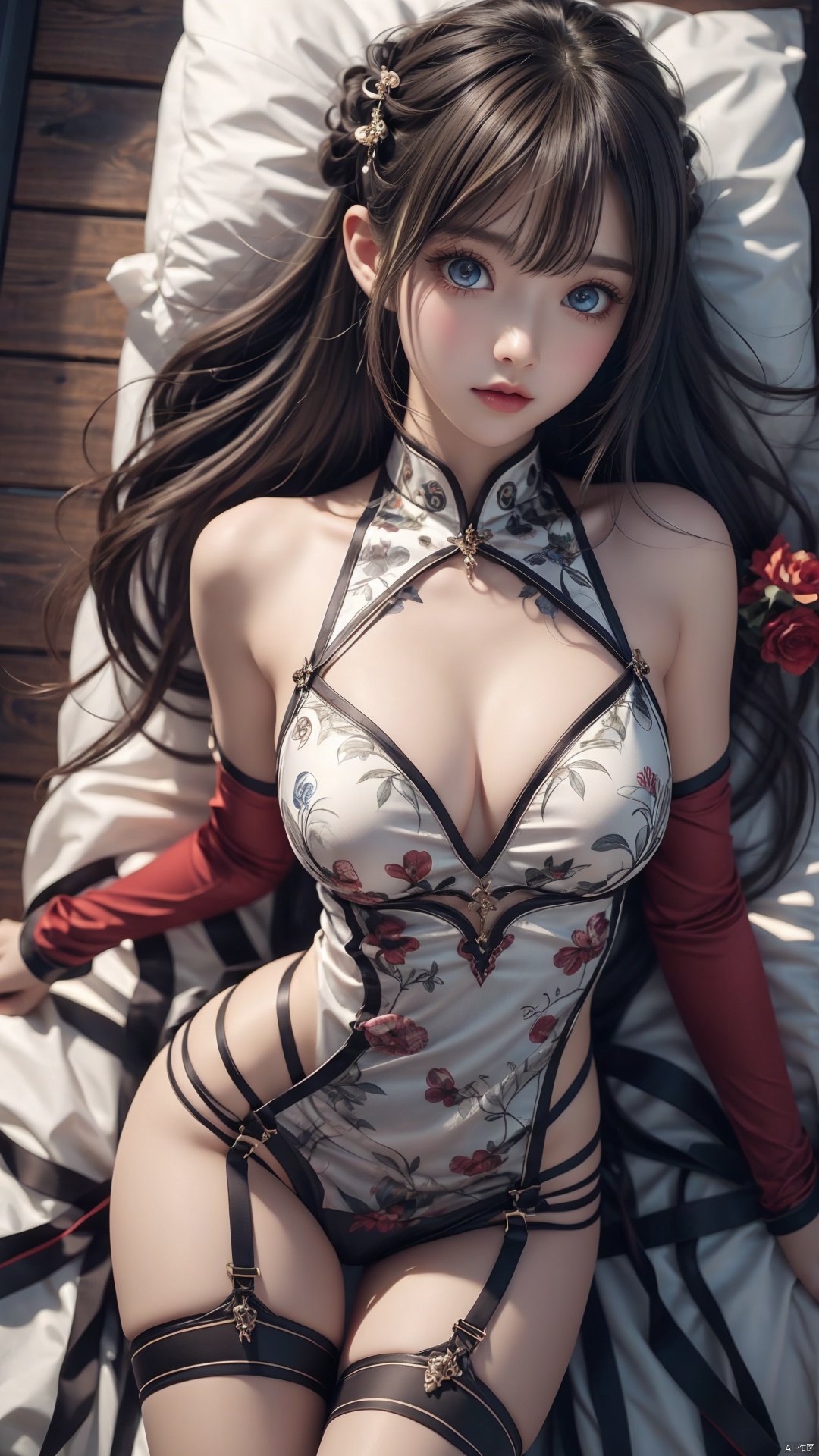  1girl, long hair, thighhighs, lying, perfect body, scenery, sharp focus, best quality, masterpiece, detailed outfit, illustration, perfect eyes, finely detailed beautiful anime eyes, realistic skin, intricate details, best lighting, depth of field, ultra high resolution, bed, from above