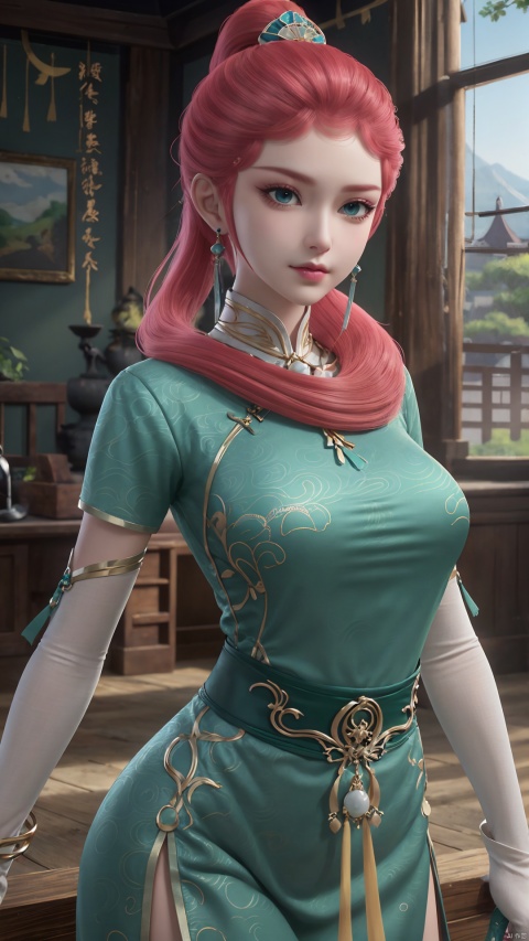  1girl, jewelry, earrings, solo, bracelet, elbow gloves, long hair, green dress, pink hair, breasts, china dress, short sleeves, white gloves, mischevious smile, perfect body, scenery, sharp focus, best quality, masterpiece, detailed outfit, illustration, perfect eyes, finely detailed beautiful anime eyes, realistic skin, intricate details, best lighting, depth of field, ultra high resolution,cowboy_shot, dynamic pose, dynamic angle,
