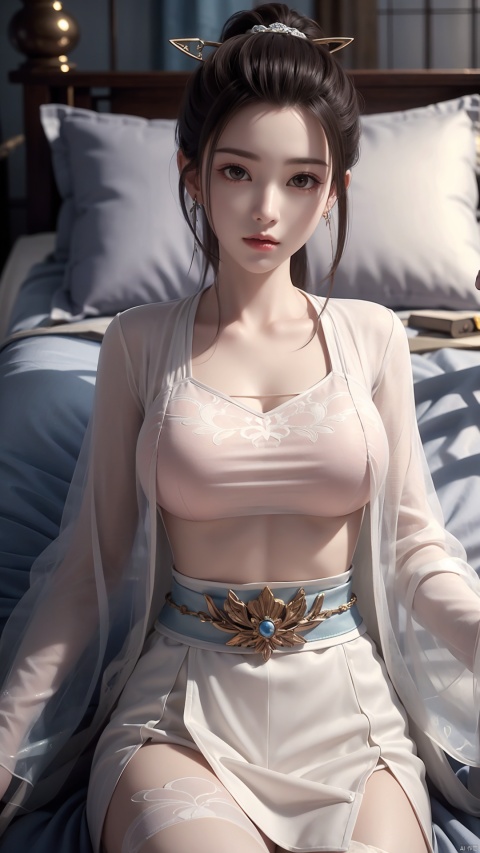  1girl, solo, hanfu, chinese clothes, earrings, jewelry, realistic, hair ornament, black hair, brown eyes, long sleeves, single hair bun, facial mark, looking at viewer, lying, perfect body, scenery, sharp focus, best quality, masterpiece, detailed outfit, illustration, perfect eyes, finely detailed beautiful anime eyes, realistic skin, intricate details, best lighting, depth of field, ultra high resolution, bed, from above
