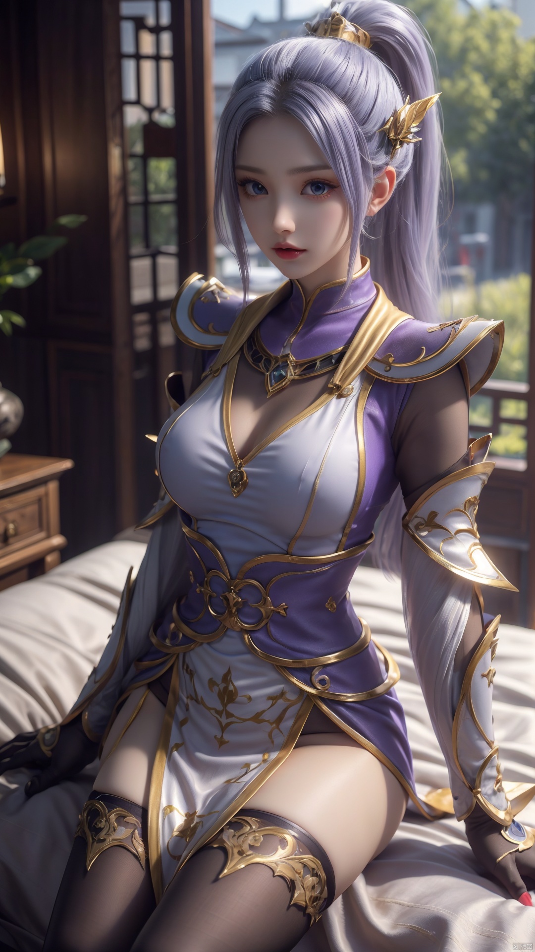  1girl, light purple hair, black thighhighs, ponytail, gloves, blue eyes, long hair, breasts, armor, hair ornament, black gloves, looking at viewer, lying, perfect body, scenery, sharp focus, best quality, masterpiece, detailed outfit, illustration, perfect eyes, finely detailed beautiful anime eyes, realistic skin, intricate details, best lighting, depth of field, ultra high resolution, bed, from above