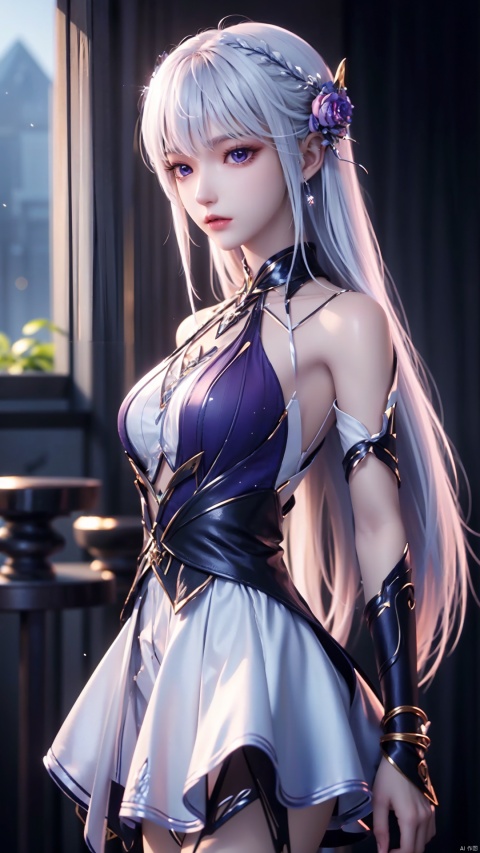 1girl, long hair, solo, purple eyes, (white hair), (white dress), standing, looking at viewer, perfect body, scenery, sharp focus, best quality, masterpiece, detailed outfit, illustration, perfect eyes, finely detailed beautiful anime eyes, realistic skin, intricate details, best lighting, depth of field, ultra high resolution,cowboy_shot, dynamic pose, dynamic angle,